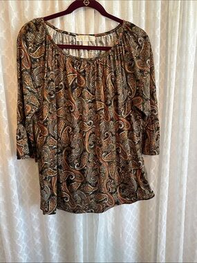 #896 Michae Kors Olive Paisley Boho Scoop-Neck Tunic with Rust and Cream Accents